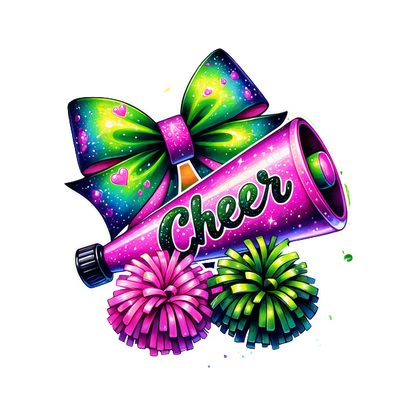 A vibrant cheer-themed illustration featuring a megaphone, colorful pom-poms, and a sparkling bow, perfect for team spirit!DTF Transfers dtf transfers