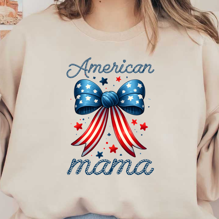 Celebrate with this vibrant "American Mama" design featuring a star-spangled blue bow and red, white, and blue accents. dtf prints