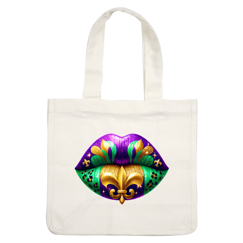 Vibrant, sparkling lips adorned with purple, green, and gold colors, featuring a regal fleur-de-lis design, perfect for carnival celebrations.DTF Transfers