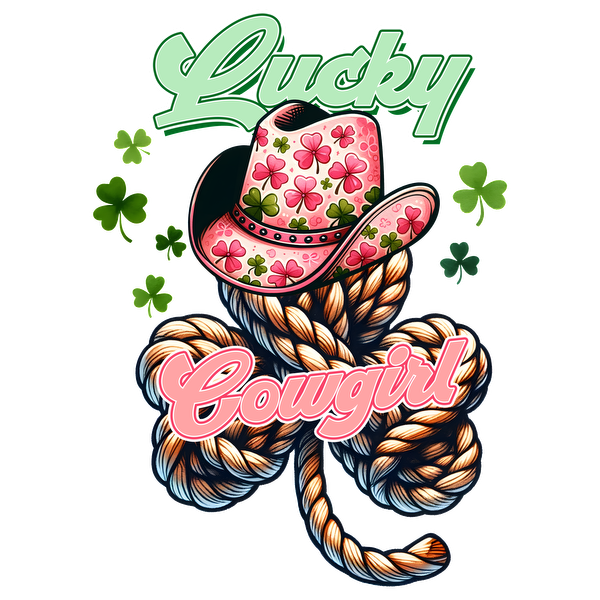 Un gráfico vibrante que presenta un sombrero de vaquero con flores rosas sobre un trébol de cuerda, con las palabras "Lucky Cowgirl" en fuentes divertidas.