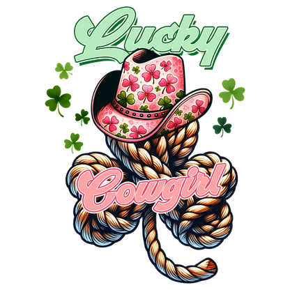 Un gráfico vibrante que presenta un sombrero de vaquero con flores rosas sobre un trébol de cuerda, con las palabras "Lucky Cowgirl" en fuentes divertidas.