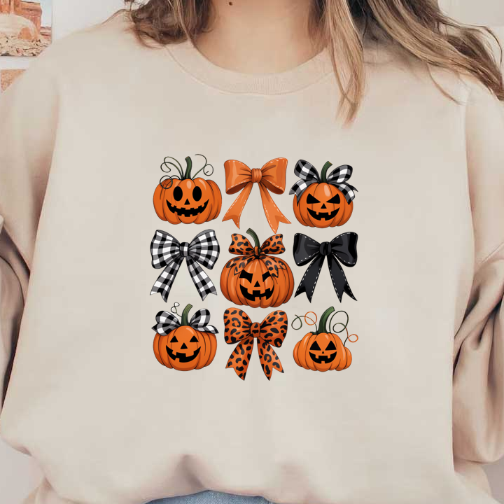 Una divertida colección de calabazas con temática de Halloween, con diversas expresiones y elegantes lazos en patrones clásicos en negro, naranja y leopardo.