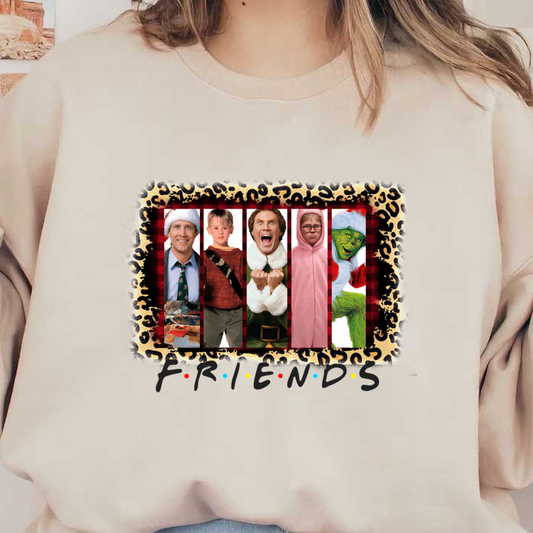 A vibrant design featuring playful characters in festive attire, set against a fun animal print background with the text "FRIENDS."DTF Transfers dtf prints