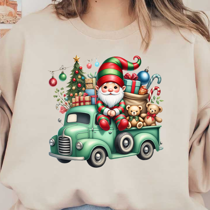 A festive green truck is filled with colorful gifts, a Christmas tree, and a cheerful elf holding teddy bears.DTF Transfers heat press transfers