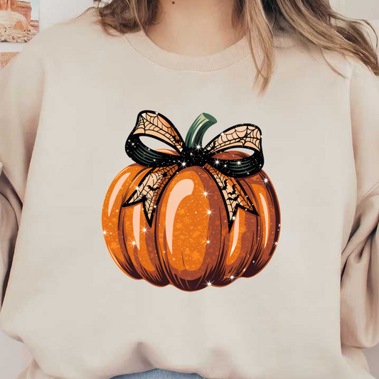 A shimmering orange pumpkin adorned with a black spider web bow, perfect for adding a festive touch to Halloween decor! dtf transfers