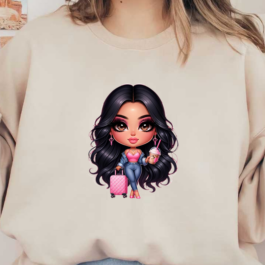 This cute cartoon character features long black hair, stylish denim attire, and holds a pink suitcase and a milkshake.