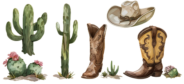 A charming collection of cowboy boots, a stylish hat, and vibrant cacti with flowers, showcasing a western theme.UV Transfers dtf prints