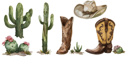 A charming collection of cowboy boots, a stylish hat, and vibrant cacti with flowers, showcasing a western theme.UV Transfers dtf prints