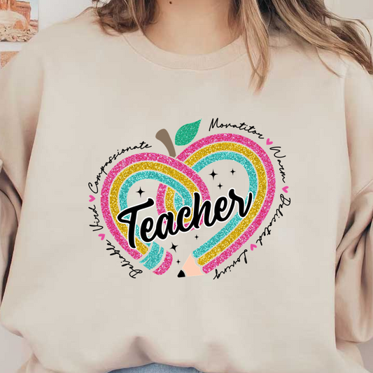 A vibrant, glittery design featuring colorful pencils forming a heart shape with the word "Teacher" prominently displayed, perfect for educators.DTF Transfers