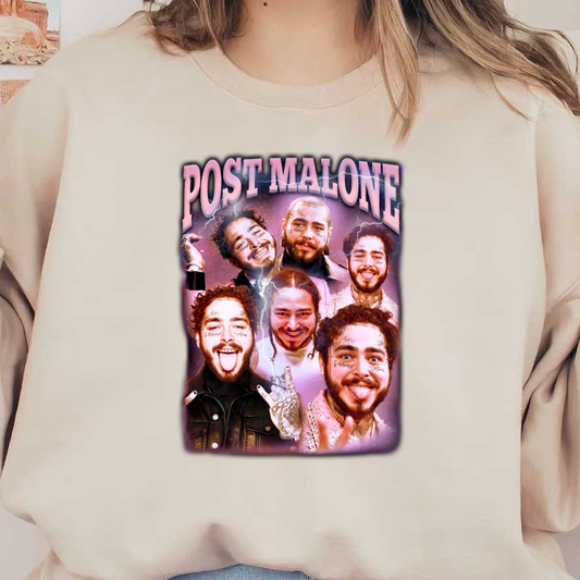 Colorful graphic featuring multiple expressions of Post Malone, showcasing his playful personality with vibrant colors and dynamic effects.DTF Transfersdtf regular iron