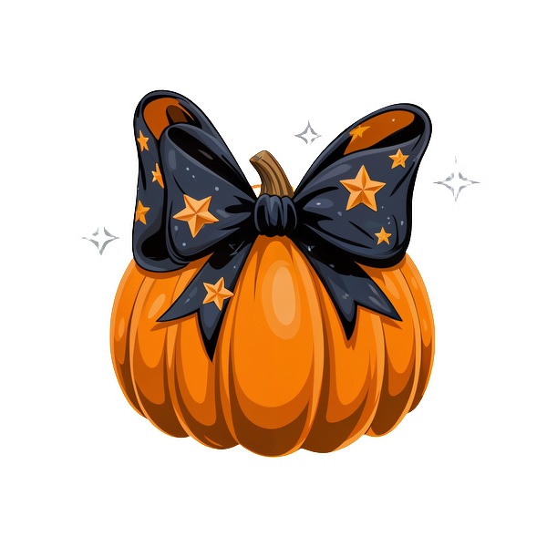 ¡Una linda calabaza naranja adornada con un lazo estrellado negro, perfecta para decoraciones de Halloween y ambiente festivo!