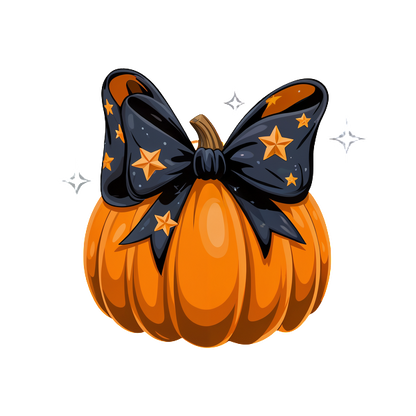 ¡Una linda calabaza naranja adornada con un lazo estrellado negro, perfecta para decoraciones de Halloween y ambiente festivo!