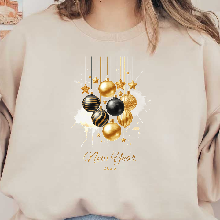 Celebrate the 2025 New Year with a festive design featuring elegant gold and black ornaments and shimmering stars.DTF Transfers