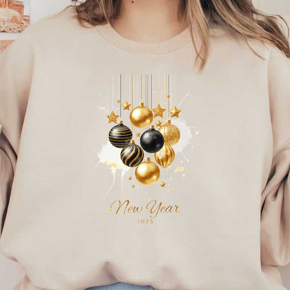 Celebrate the 2025 New Year with a festive design featuring elegant gold and black ornaments and shimmering stars.DTF Transfers