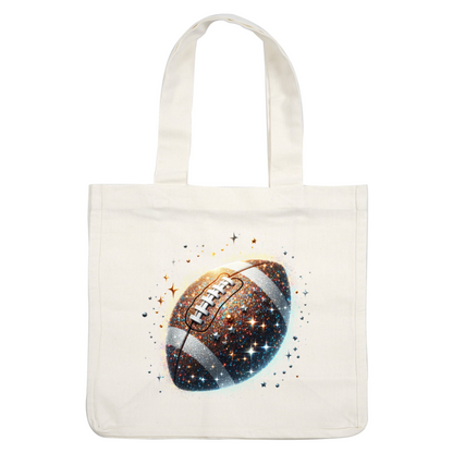 A sparkling, glittery football adorned with stars and colorful swirls, perfect for adding a touch of fun to your game!dtf regular iron