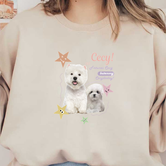 ¡Se presentan dos adorables perros blancos con estrellas divertidas y un texto encantador que celebra su ternura y amistad!