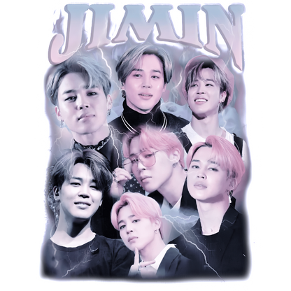 A vibrant collage of Jimin featuring multiple poses and expressions, highlighted by purple lightning effects and the name "JIMIN."DTF Transfers dtf transfers