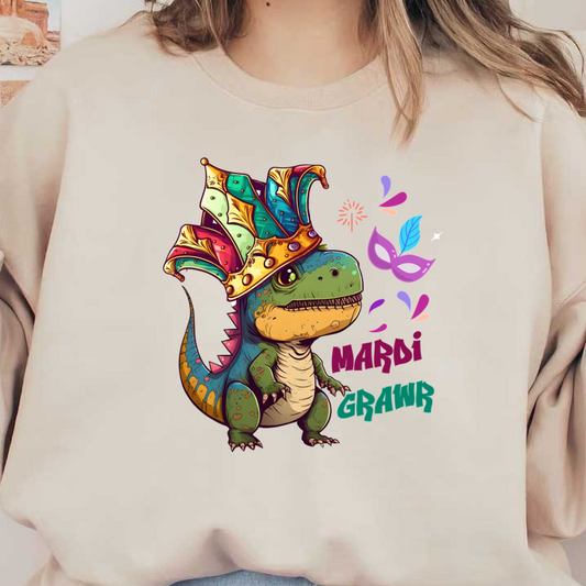 A festive cartoon dinosaur wearing a colorful Mardi Gras crown, surrounded by playful decorations and vibrant text.DTF Transfers