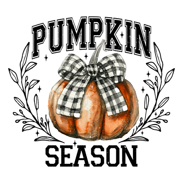 A charming orange pumpkin adorned with a stylish black and white checked bow, perfect for autumn decorations.dtf regular iron