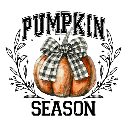 A charming orange pumpkin adorned with a stylish black and white checked bow, perfect for autumn decorations.dtf regular iron