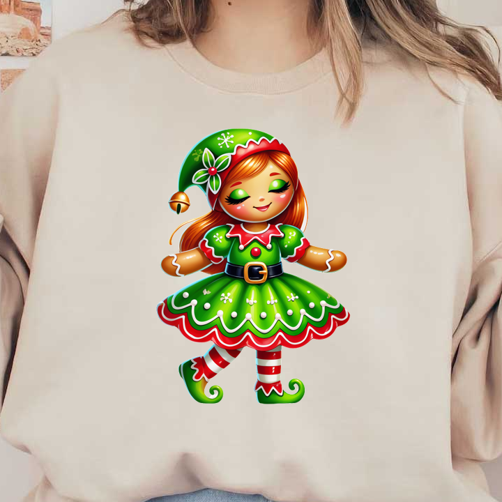 A cheerful Christmas elf doll in a vibrant green dress with red accents, complete with a festive hat and striped stockings.DTF Transfers heat press transfers