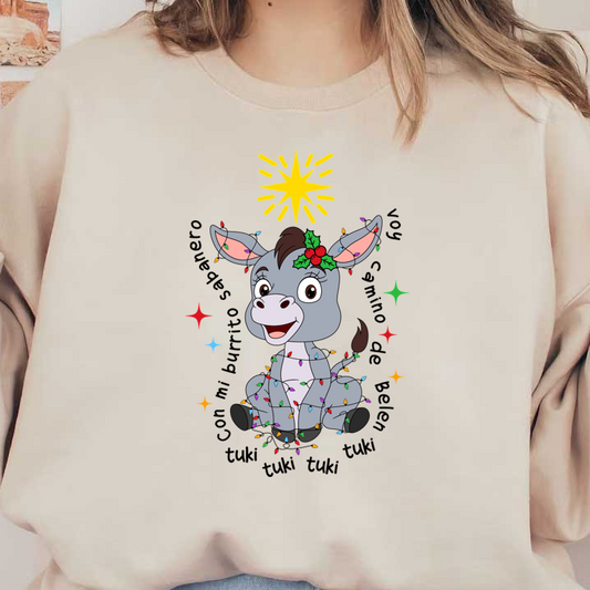 A cheerful cartoon donkey adorned with festive lights and a holly leaf, radiating holiday joy under a bright star.DTF Transfers dtf prints