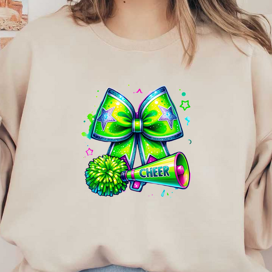 A vibrant green cheerleading bow with stars and a matching megaphone that says "CHEER," accompanied by a fluffy pom-pom.DTF Transfers heat press transfers