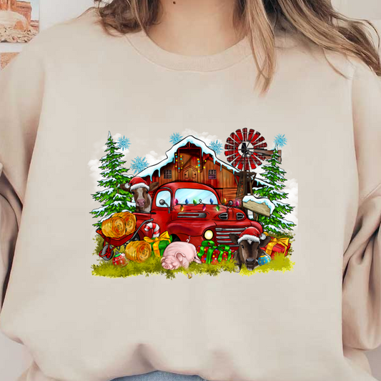 Celebrate the season with this festive farm scene featuring a cheerful red truck, cows in Santa hats, and holiday decorations.DTF Transfers dtf transfers heat press transfers