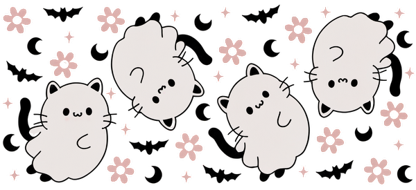 A cute illustration of adorable chubby cats surrounded by pink flowers and a whimsical black background.UV Transfers heat press transfers