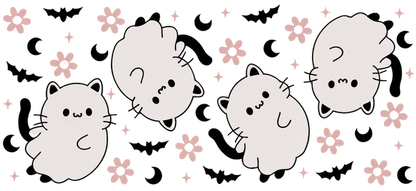 A cute illustration of adorable chubby cats surrounded by pink flowers and a whimsical black background.UV Transfers heat press transfers