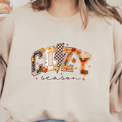 Celebre el ambiente acogedor con este colorido gráfico “Cozy Season” con temática otoñal, que incluye letras vibrantes adornadas con hojas y flores.