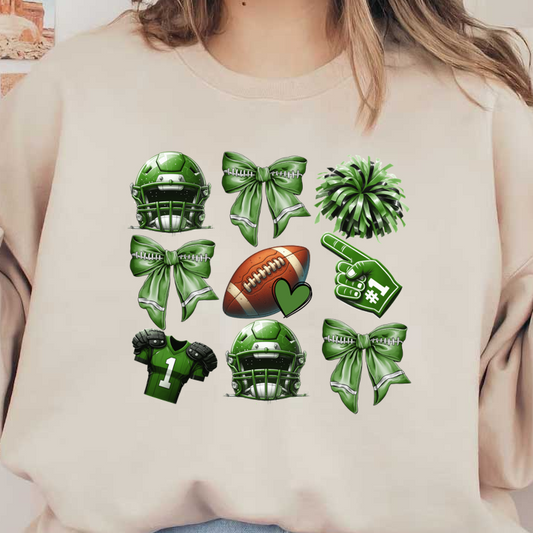 A vibrant collection of green football-themed items, including helmets, bows, a football, and a cheerleading pom-pom, perfect for game day! dtf transfers