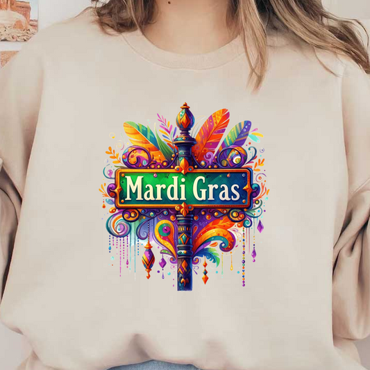 Vibrant and colorful Mardi Gras sign adorned with feathers and decorative elements, capturing the festive spirit of the celebration.DTF Transfers