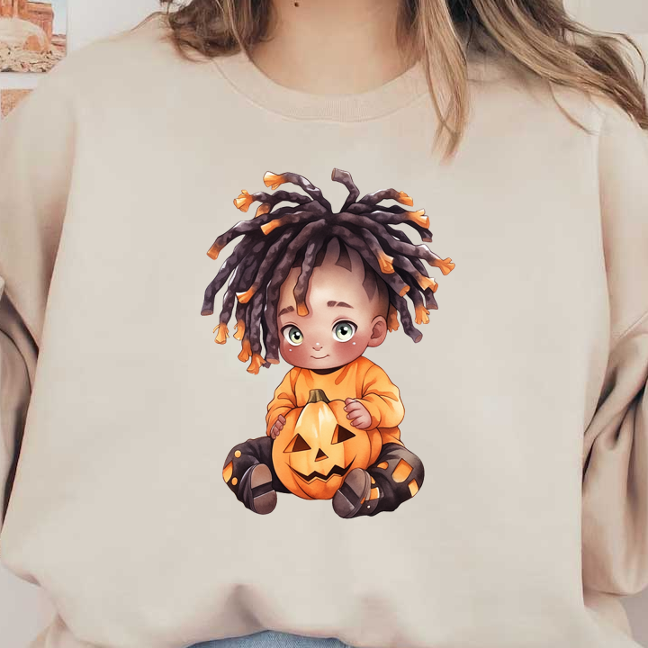 Un niño alegre con rastas se sienta sosteniendo una calabaza tallada, vestido con un traje naranja con temática de Halloween.