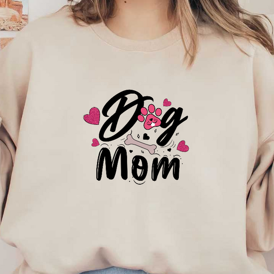 "A green t-shirt with "Dog Mom" text surrounded by hearts and a bone."DTF Transfers
