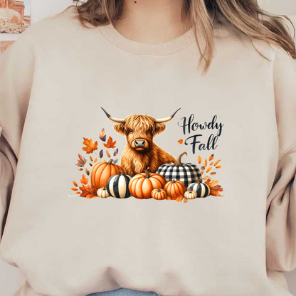 Una encantadora ilustración de una vaca de las Highlands rodeada de coloridas calabazas y hojas de otoño, con el texto "Howdy Fall" (Cómo es el otoño).