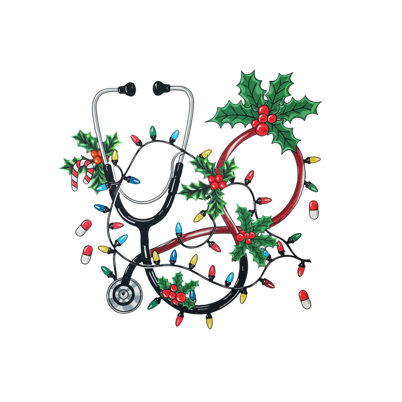 A festive stethoscope adorned with holly, candy canes, and colorful lights, perfect for celebrating the holiday spirit in healthcare.DTF Transfers