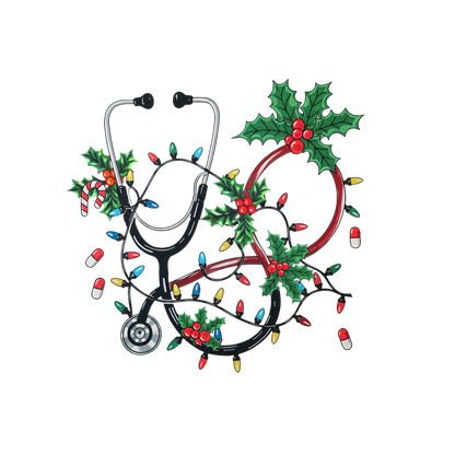 A festive stethoscope adorned with holly, candy canes, and colorful lights, perfect for celebrating the holiday spirit in healthcare.DTF Transfers