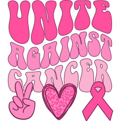 Un gráfico rosa vibrante que promueve la concientización sobre el cáncer, con la frase "ÚNETE CONTRA EL CÁNCER" junto con un símbolo de paz, un corazón y una cinta rosa.