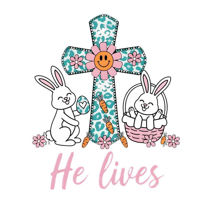 A cheerful Easter-themed design featuring cute bunnies, a colorful cross, and the uplifting phrase "He lives," perfect for spring celebrations.DTF Transfers