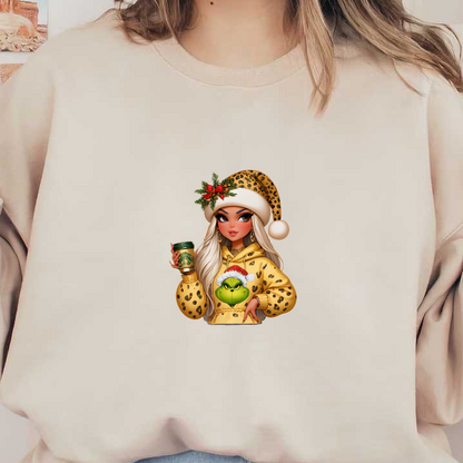 A stylish character in a leopard-print hoodie, festive hat, and holding a drink, exuding holiday cheer with a playful Grinch design.DTF Transfers dtf prints