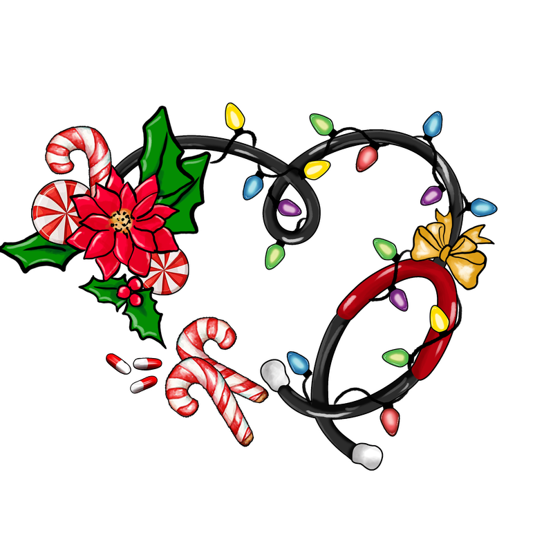 A festive heart design featuring colorful Christmas lights, candy canes, and a poinsettia, perfect for holiday cheer!DTF Transfers