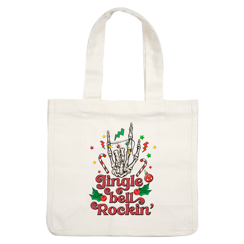 A festive design featuring a skeletal hand with colorful ornaments, candy canes, and the playful phrase "Jingle bell Rockin'." heat press transfers