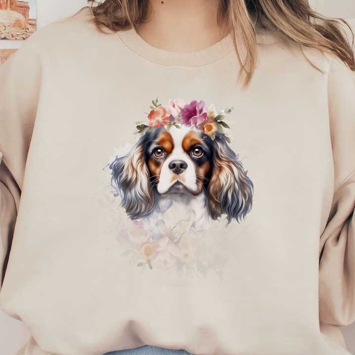 Una encantadora ilustración de un Cavalier King Charles Spaniel rodeado de una vibrante corona floral, que irradia calidez y belleza.