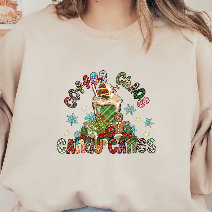 Festive illustration featuring a whimsical coffee cup surrounded by decorative elements like candy canes and gingerbread, celebrating holiday cheer.DTF Transfers dtf transfers