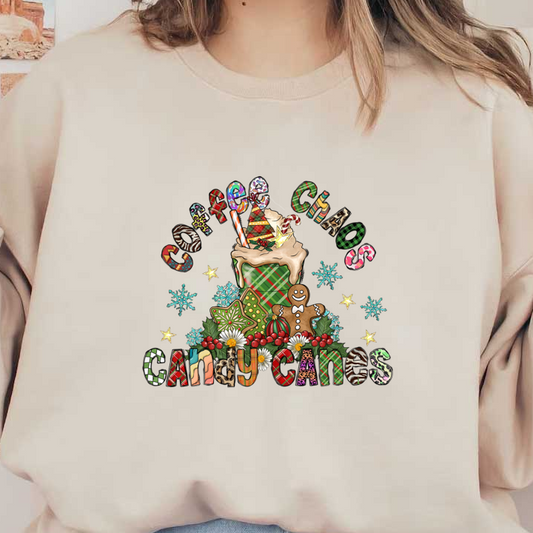 Festive illustration featuring a whimsical coffee cup surrounded by decorative elements like candy canes and gingerbread, celebrating holiday cheer.DTF Transfers dtf transfers