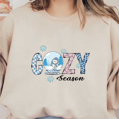 Celebre la temporada con este diseño festivo "COZY" que presenta un alegre muñeco de nieve, árboles navideños y patrones divertidos.