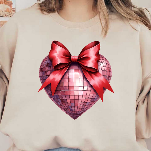 A shiny pink disco heart adorned with a vibrant red bow, perfect for celebrating love and joy.DTF Transfers