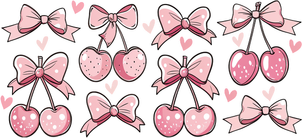 A delightful collection of pink bows and cherry motifs, featuring various designs and playful hearts throughout.UV Transfersdtf regular iron