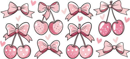 A delightful collection of pink bows and cherry motifs, featuring various designs and playful hearts throughout.UV Transfersdtf regular iron